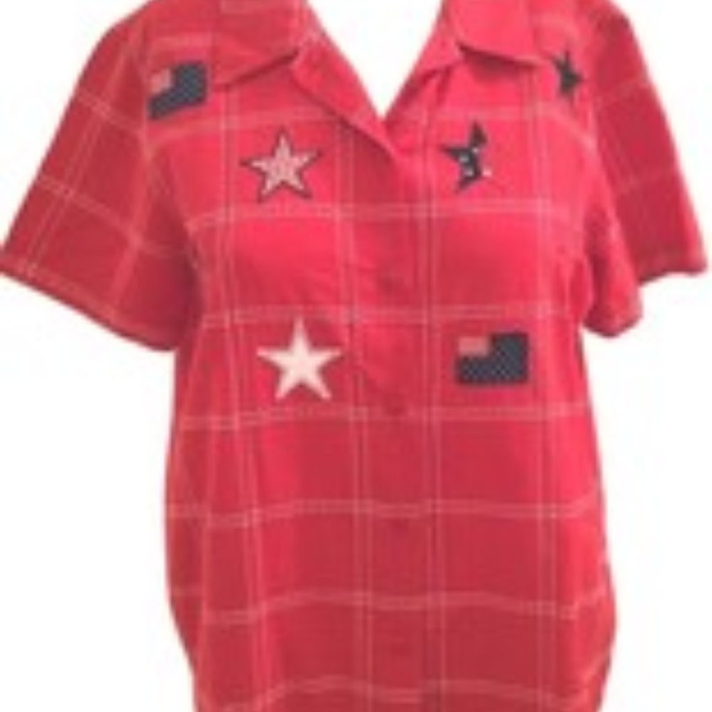 Lemongrass Red White Blue Stars Flags Patch Patriotic Holiday Button Blouse Pt M
